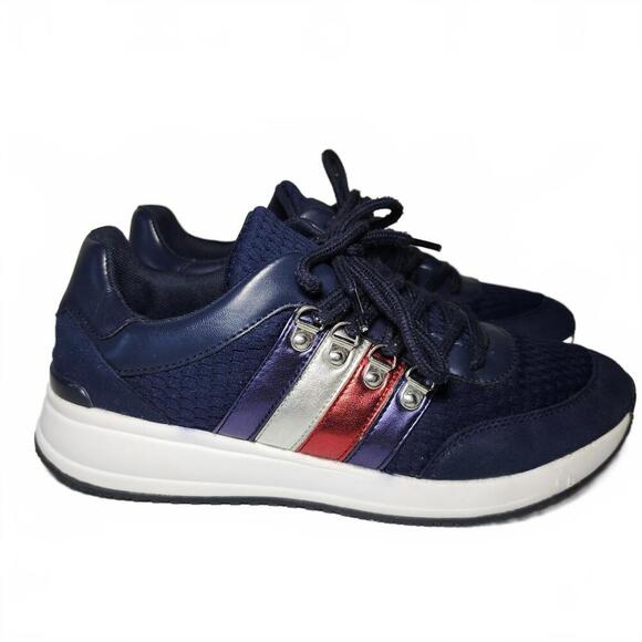 Tommy Hilfiger Women's Navy Blue Sneakers with Red, Silver, and Purple Stripes - Picture 1 of 9